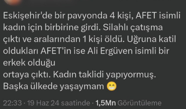 Eskişehir'de cinayet işlendiğine dair asılsız paylaşım hakkında soruşturma başlatıldı