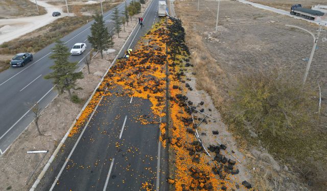 Tır dorsesinden dökülen 10 ton mandalina yolu trafiğe kapattı