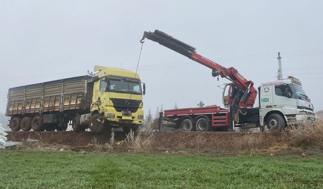 Kontrolünü kaybeden gübre yüklü tır şarampole devrildi