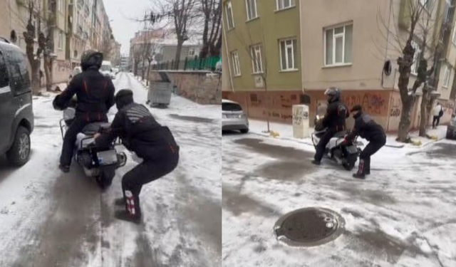 Eskişehir’de 2 kuryenin buzlu yolda kaydığı anlar sosyal medyada ilgi çekti