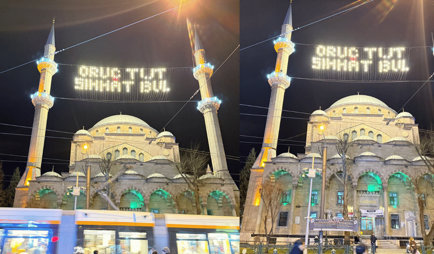 Reşadiye Cami’ye Ramazan mahyası asıldı: "Oruç tut, sıhhat bul"