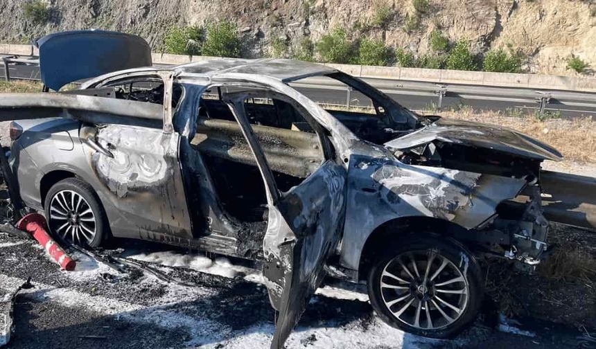 Bariyere çarpan otomobil alev topuna döndü: 3 astsubay yaralandı