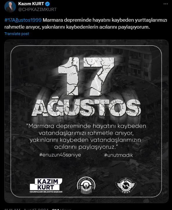 Kazım Kurt 17 Ağustos