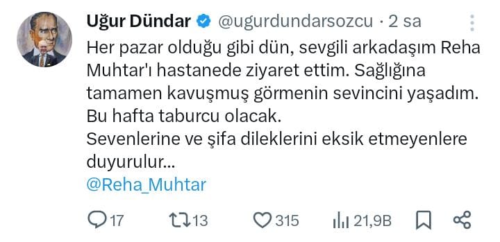 Reha Muhtar'ın Sağlık Durumunda Son Gelişme Uğur Dündar Duyurdu