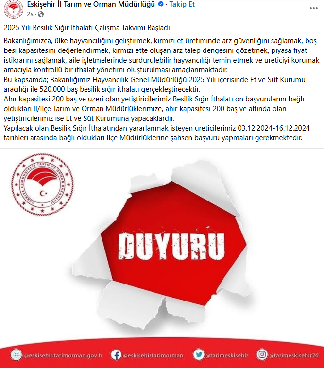 İl Tarım Ve Orman Müdürlüğü Duyurdu 2025 Yılında Besilik Sığır Ithalatı Yapılacak