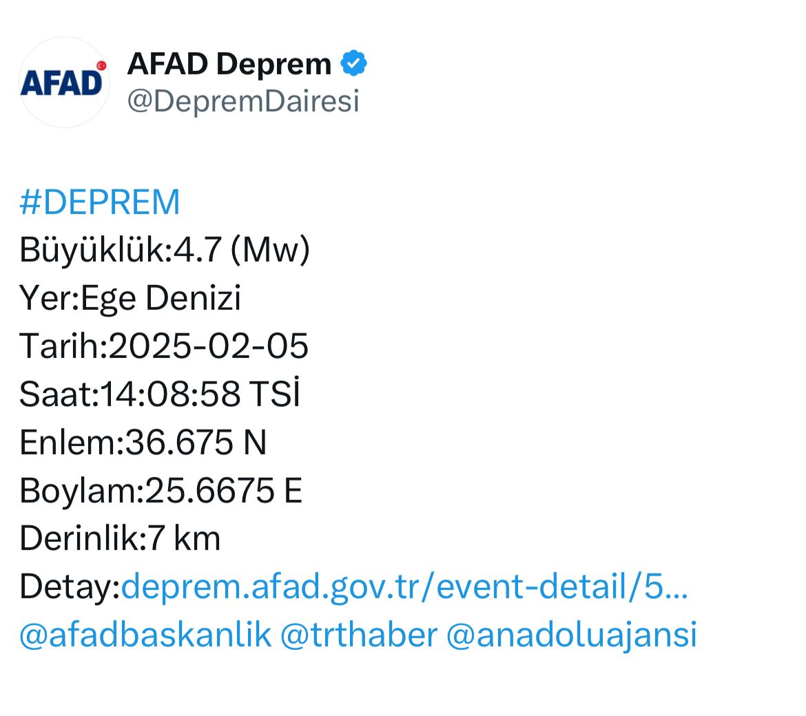 Ege Denizi'nde 4.7 Büyüklüğünde Deprem!