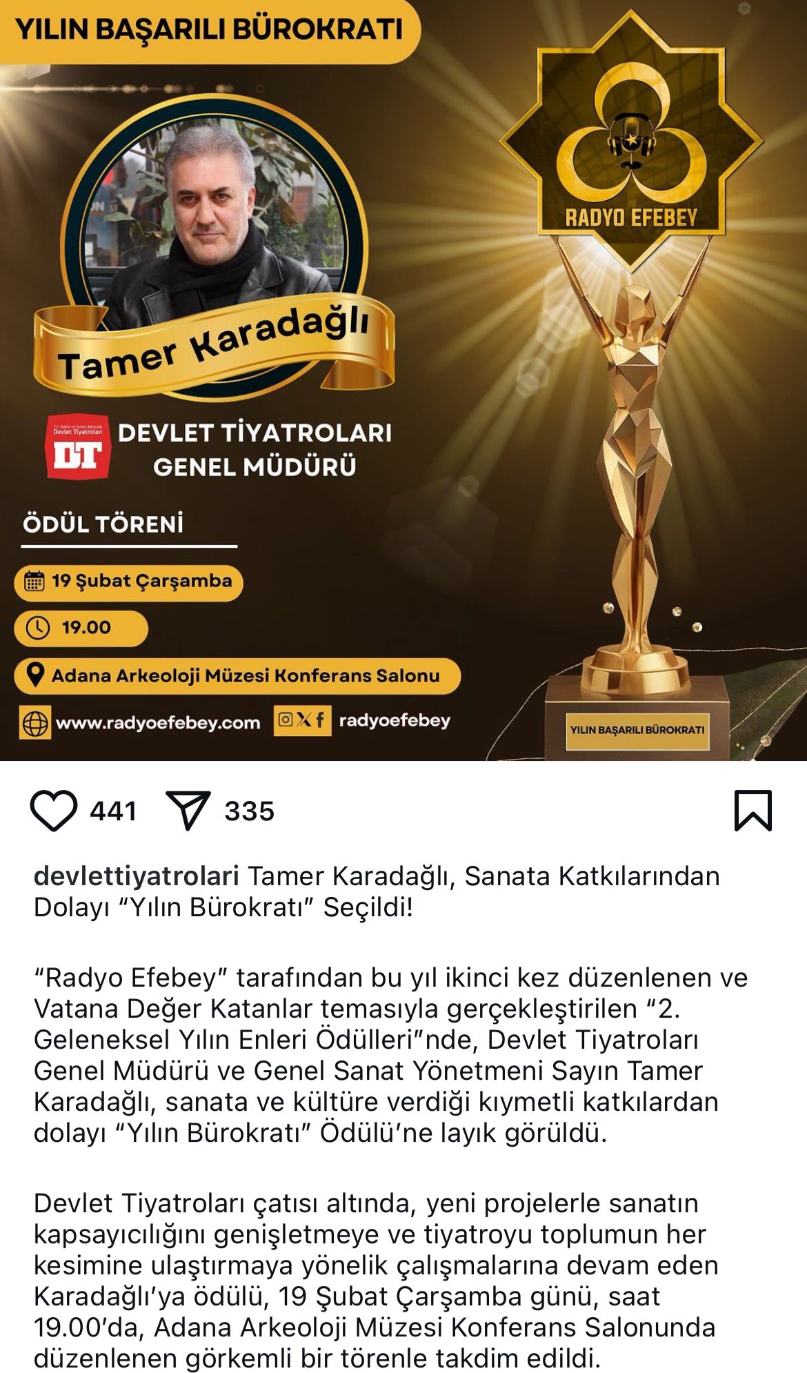 Ünlü Oyuncu Tamer Karadağlı'ya Yılın Bürokratı Ödülü