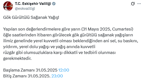Eskişehirliler Dikkat, Valilik Uyardı! Yarın Öğle Saatlerinde Başlayacak