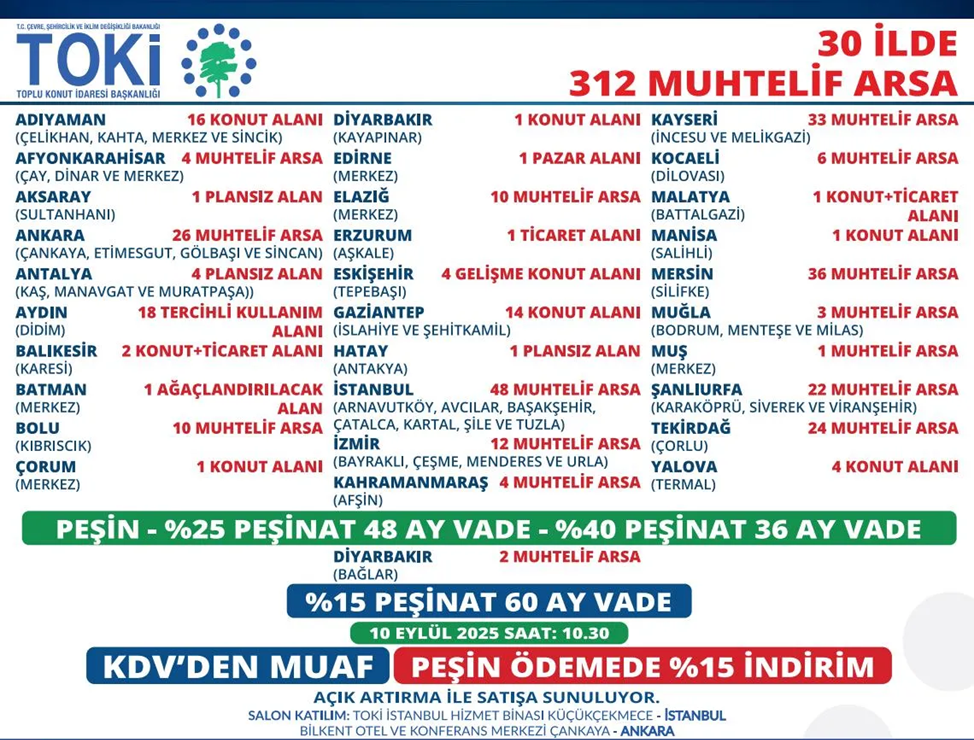 Toki 30 Ilde Arsa Satıyor