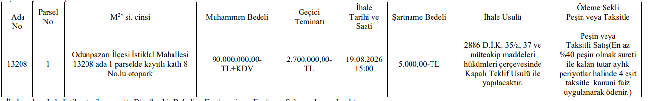 90 M Otopark Satış